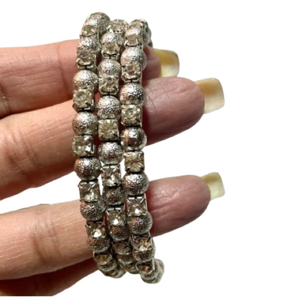 Zirconia & Textured Silver Beads 3 Row Stretch Bracelet, Silver Beaded B…
